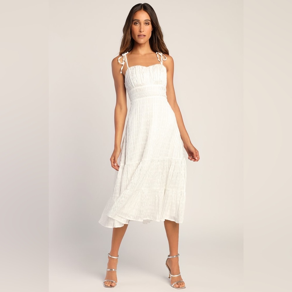Lulus Sparkling Scene White Metallic Striped Tie-Strap Midi Dress